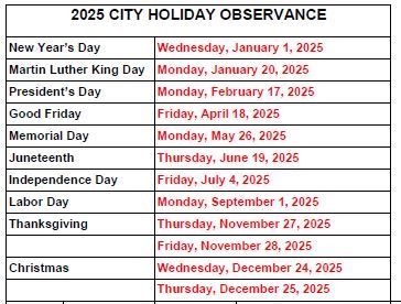 2025 Holiday Schedule